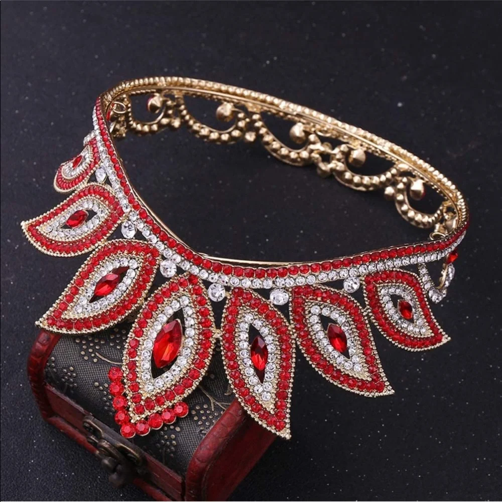 New Ruby and Diamond Rhinestone Gold Metal Crown Tiara Custom Wedding Bridal